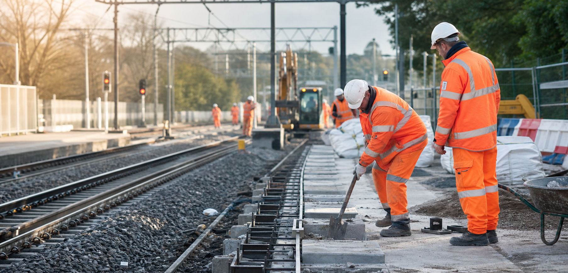 Rail operatives working safely on a UK rail infrastructure site