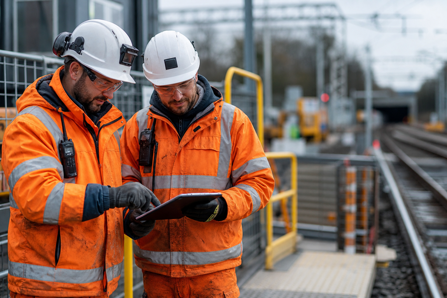 Rail supervisors reviewing project information on site